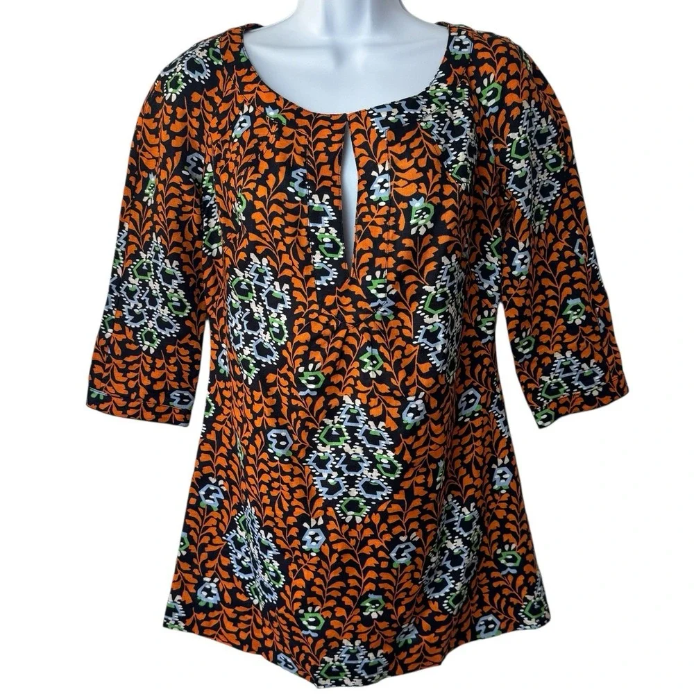 Tory Burch 100% Linen Multicolor Geometric Floral Tunic‎ Blouse Resort Coastal 4